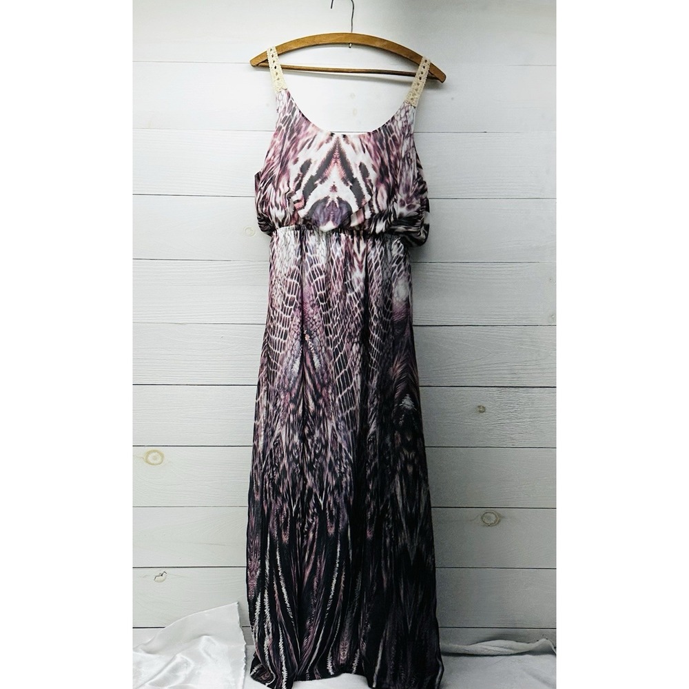 Live Let Live Y2k Crochet Long Maxi Dress Woman M Chiffon Snakeskin Purple Boho